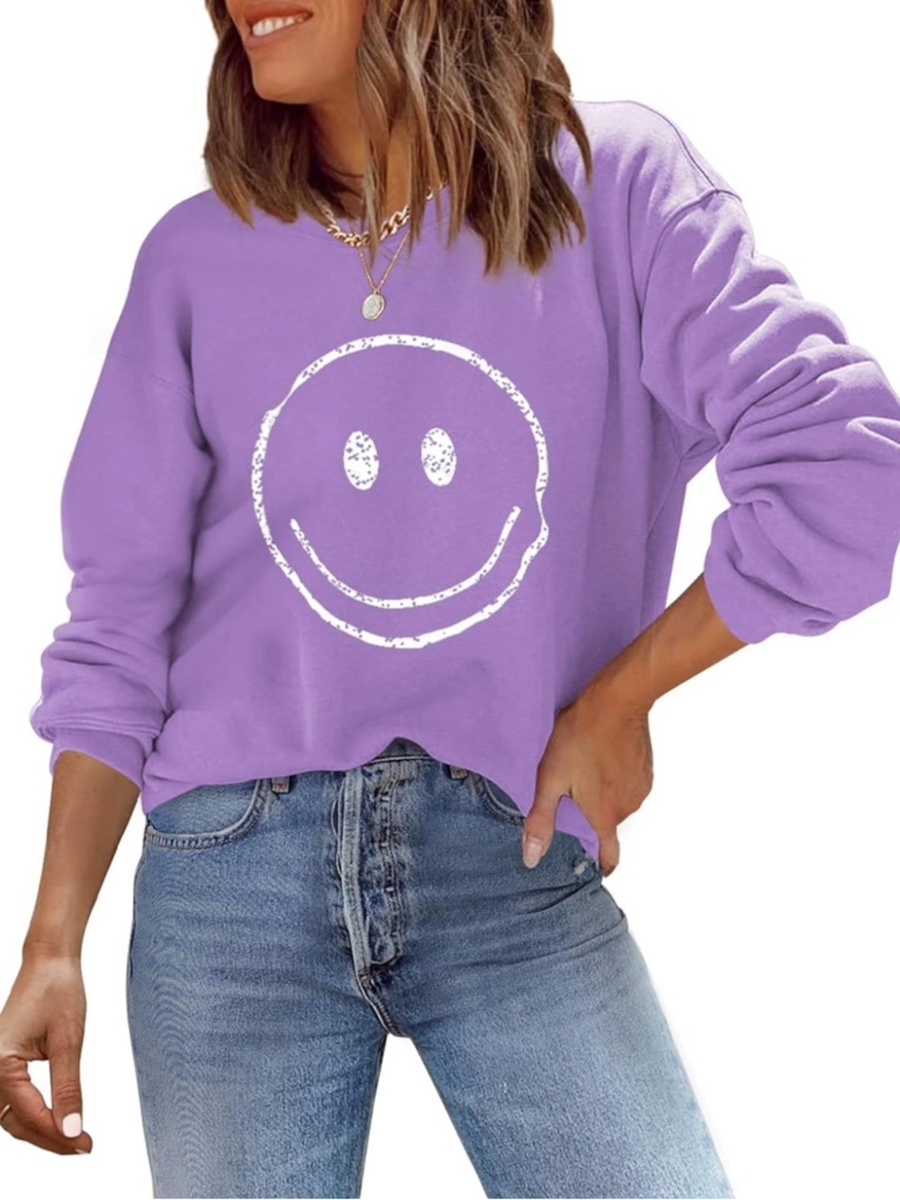 NEW-XXL Lavender Smiley Graphic 
Long sleeve cotton Sweatshirt - Women
